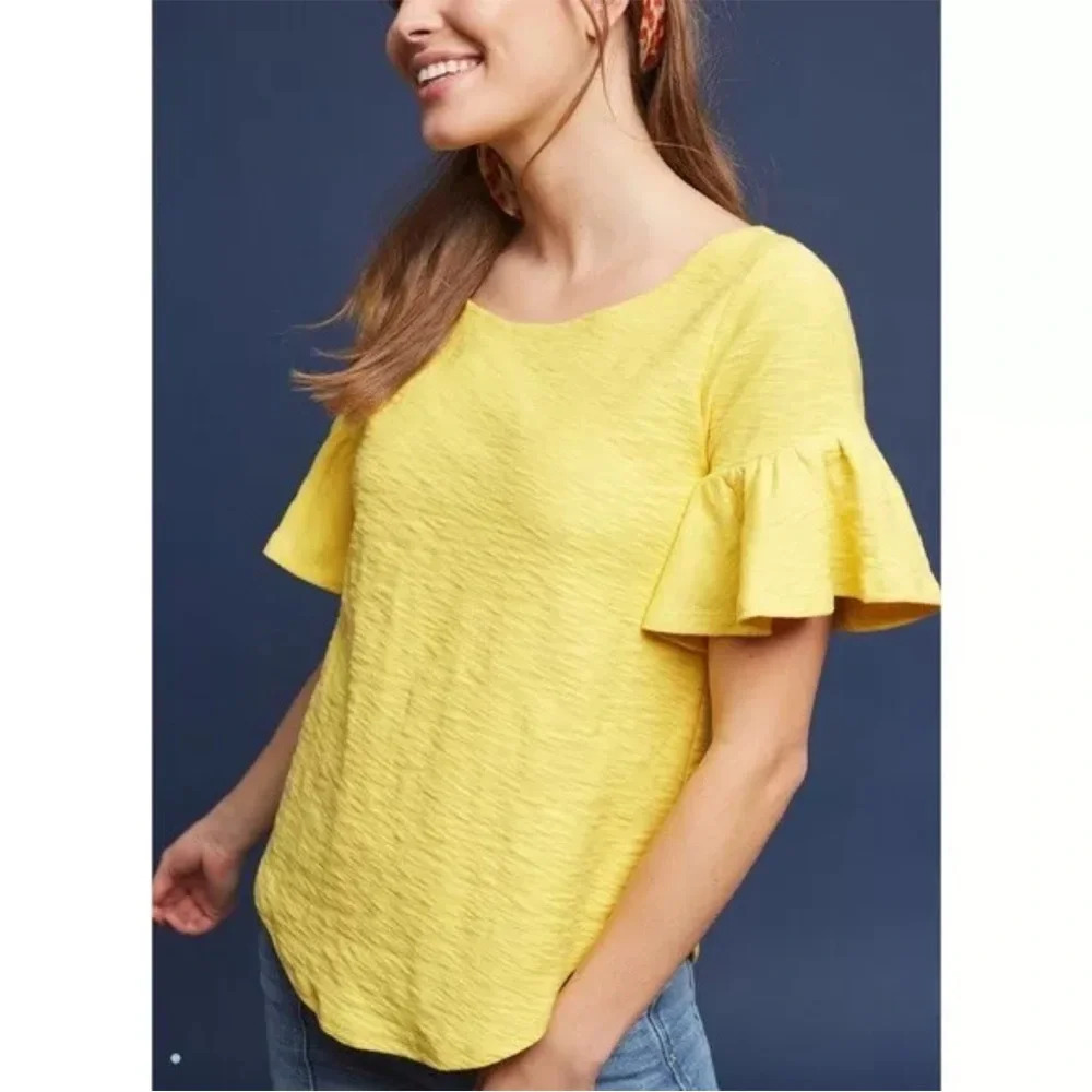 Anthropologie Postmark Sz L Mustard Yellow Christel Ruffled-Sleeve Top Cotton